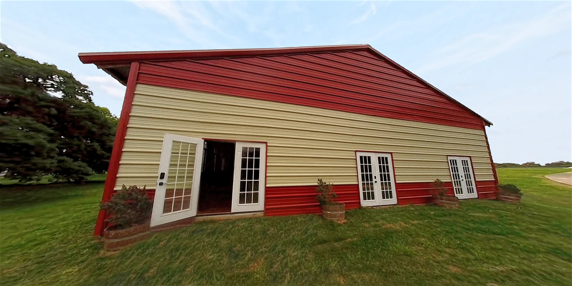 The rustic pool house exterior at Twin Oaks Resort