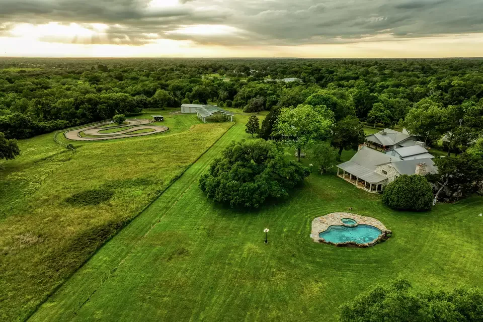 Aerial view of Twin Oaks Resort and its surrounding acreage