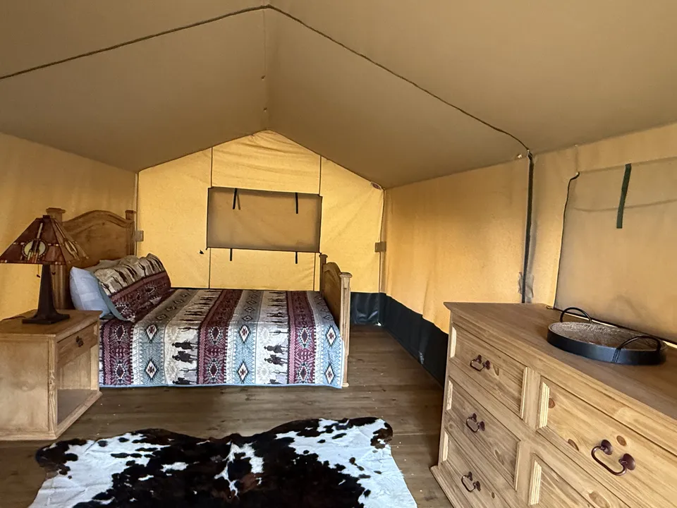 Interior of a canvas glamping tent