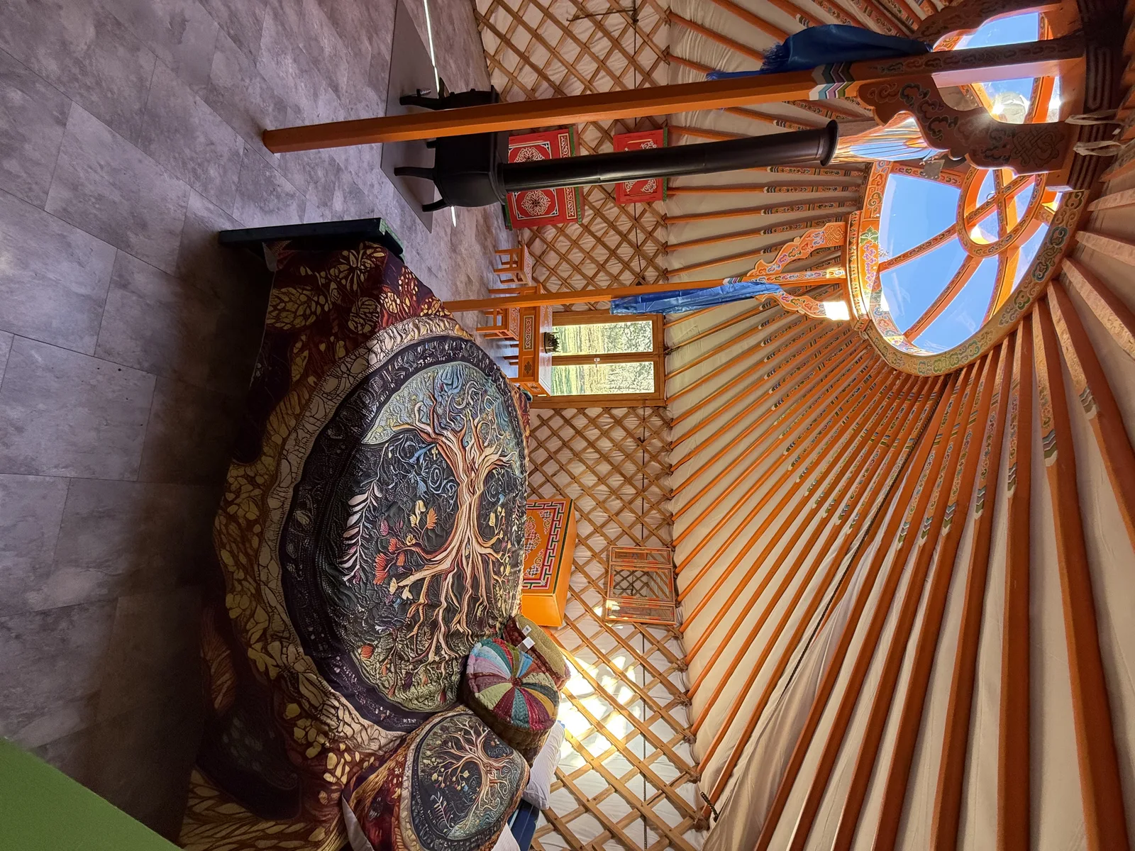 Inside the Mongolian yurt at Twin Oaks Resort