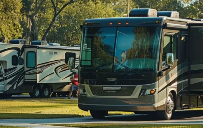 A motorcoach at an RV site
